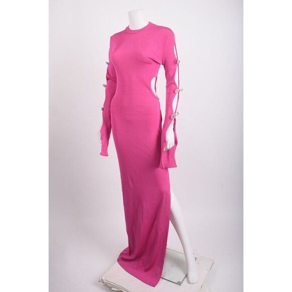 Mach & Mach Cut Out Maxi Dress Crystal Bows US 8 EU 40 Pink Long sleeved NWD - Picture 5 of 8